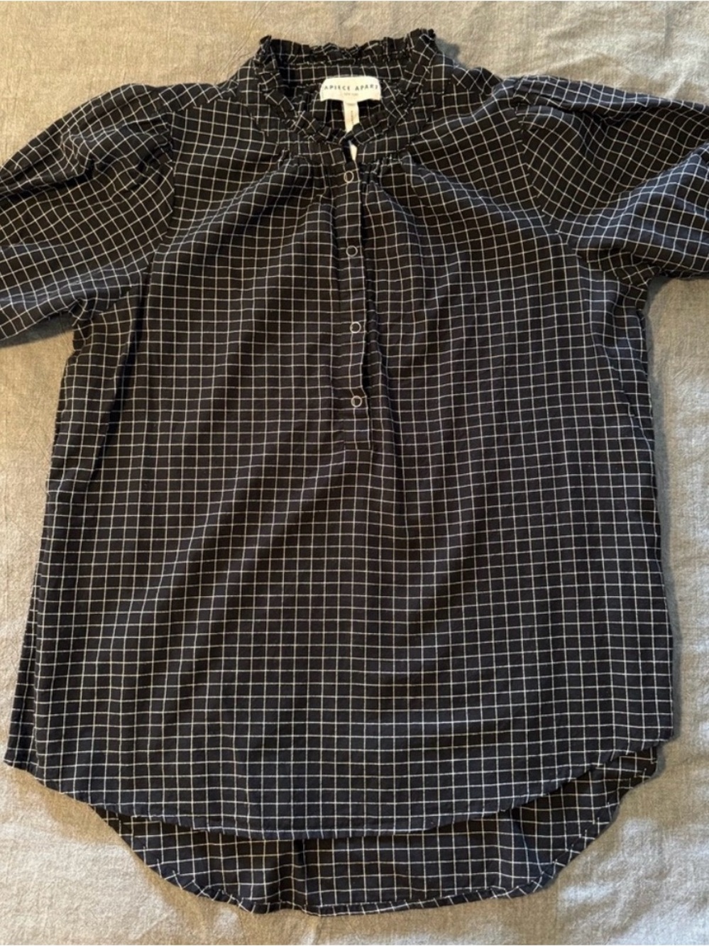 Apiece Apart Black and White Grid snap-Front Shirt small cotton blouse top